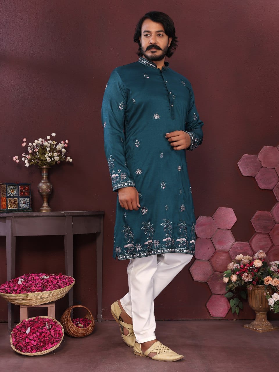 teal blue Embroidered Silk Kurta for Men