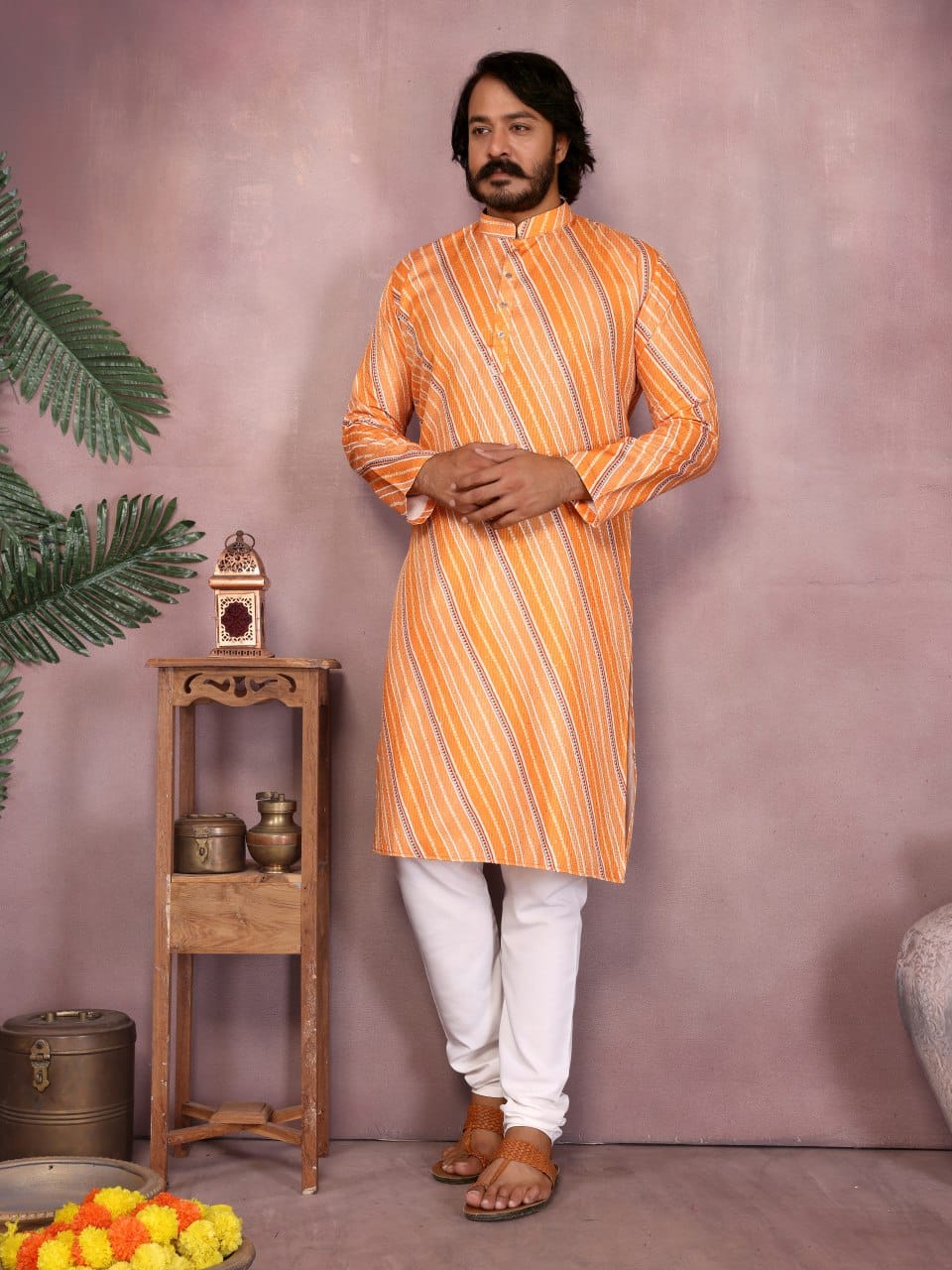 Sunset Orange crochet & printed Striped Kurta for Men