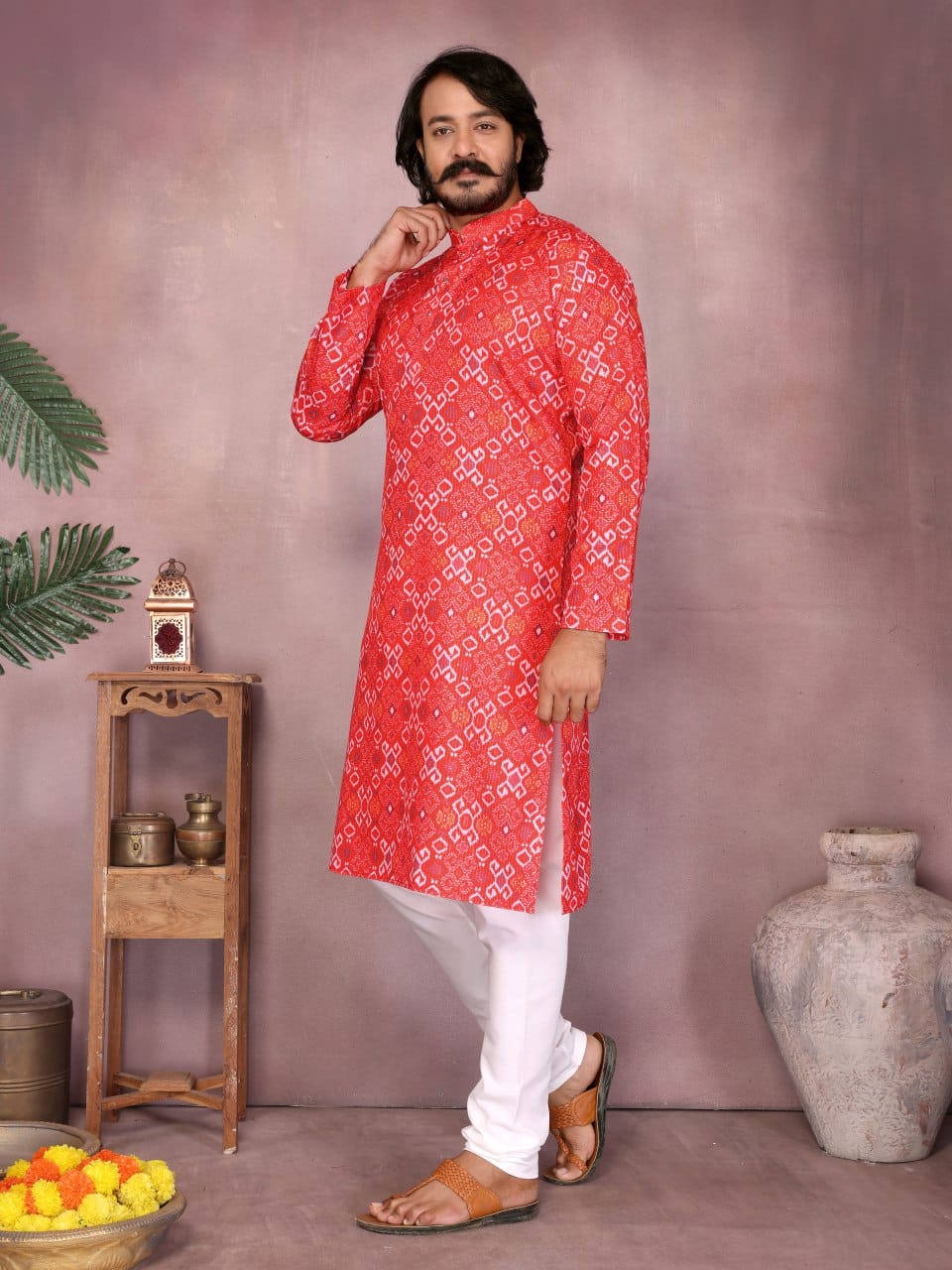 Red Bandhani Print Kurta for Men (Polyester)
