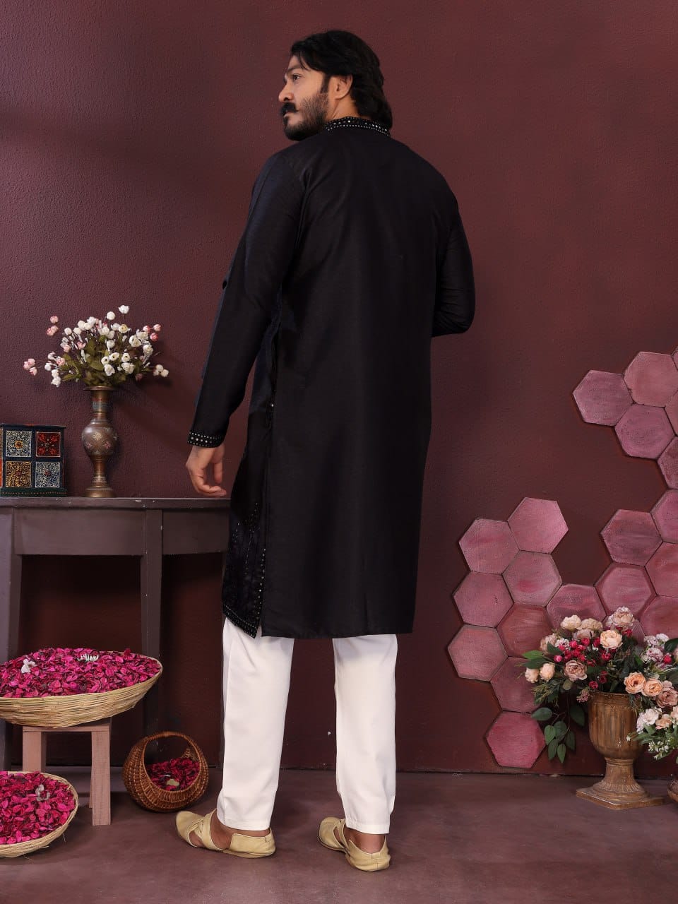 Black Handcrafted Mirror Work Silk Kurta for Men (Limited Edition)