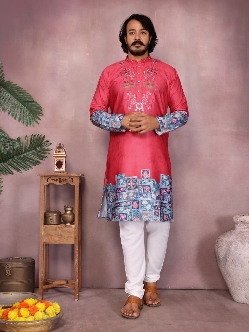 watermelon red–   Embroidered & Printed Kurta for Men