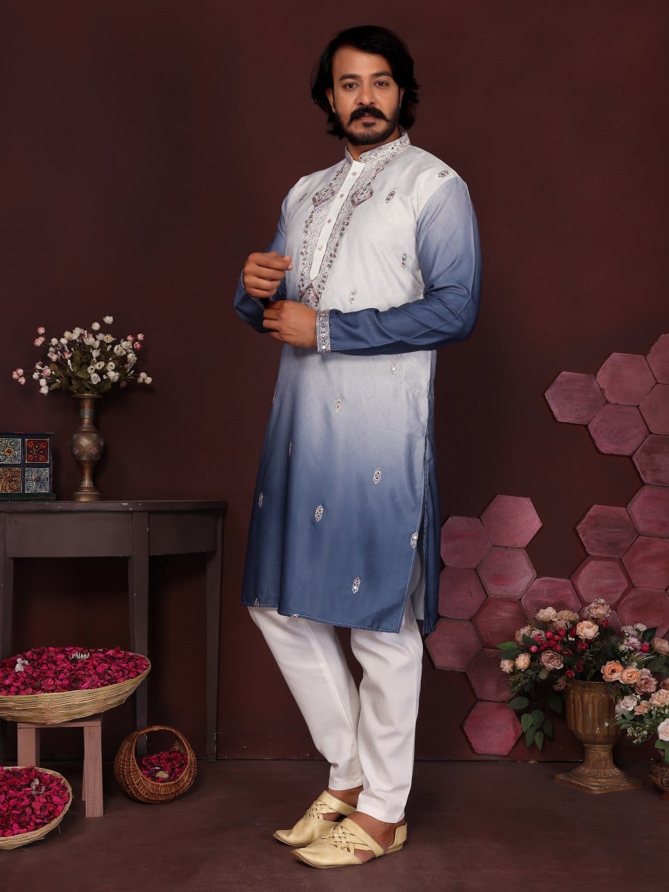 Blue Ombre Embroidered Silk Kurta for Men
