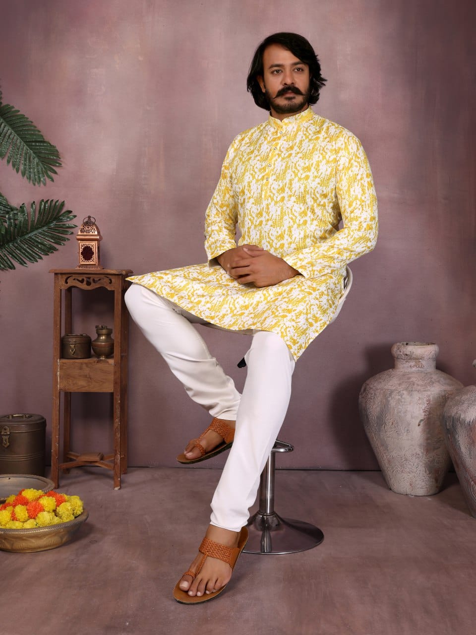 Lemon Yellow Printed Kurta for Men