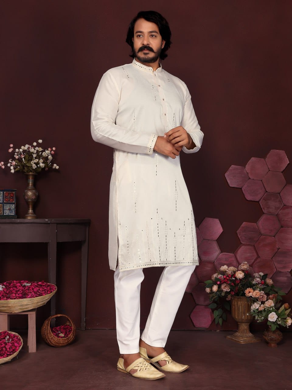 off white ivory Handcrafted Mirror Work Silk Kurta for Men (Limited Edition)