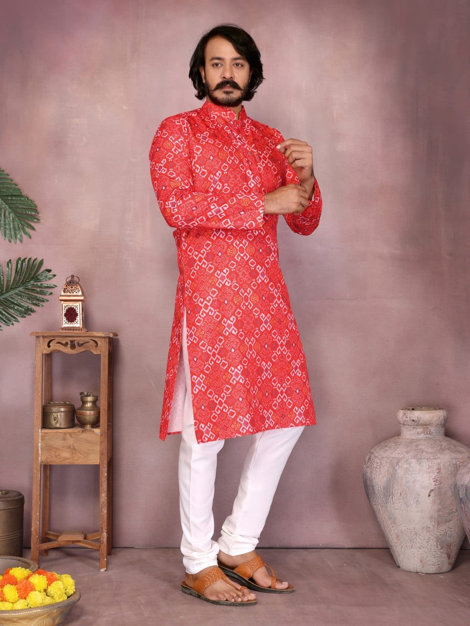 Red Bandhani Print Kurta for Men (Polyester)