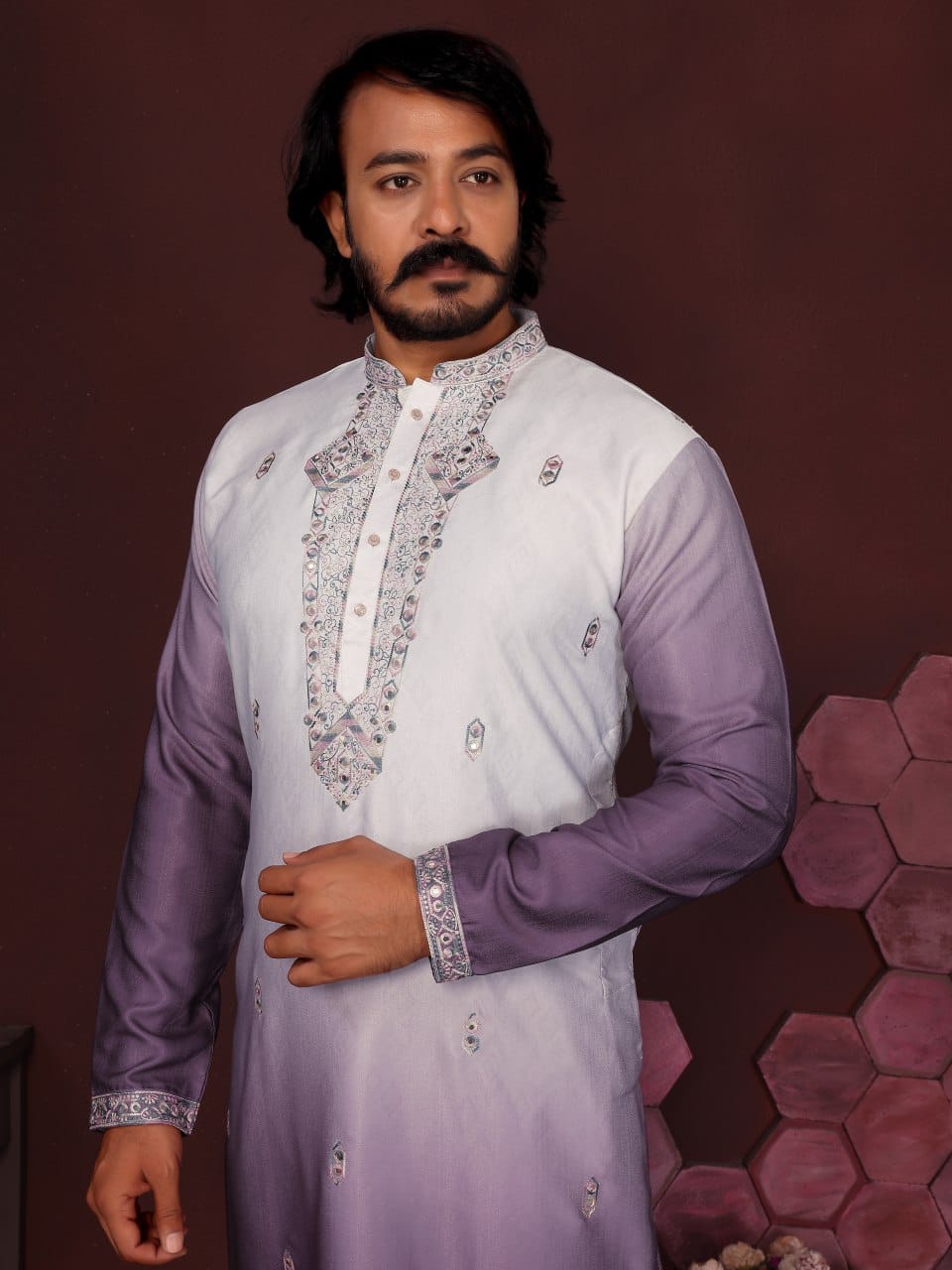 volkano violet Embroidered Silk Kurta for Men