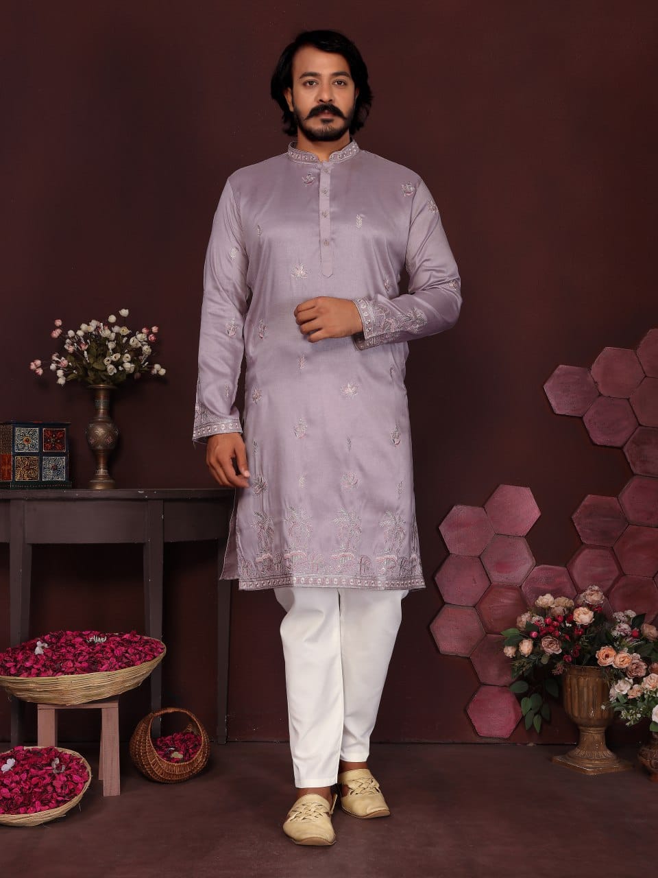 Dusty Mauve Handcrafted Mirror Work Silk Kurta for Men (Limited Edition)