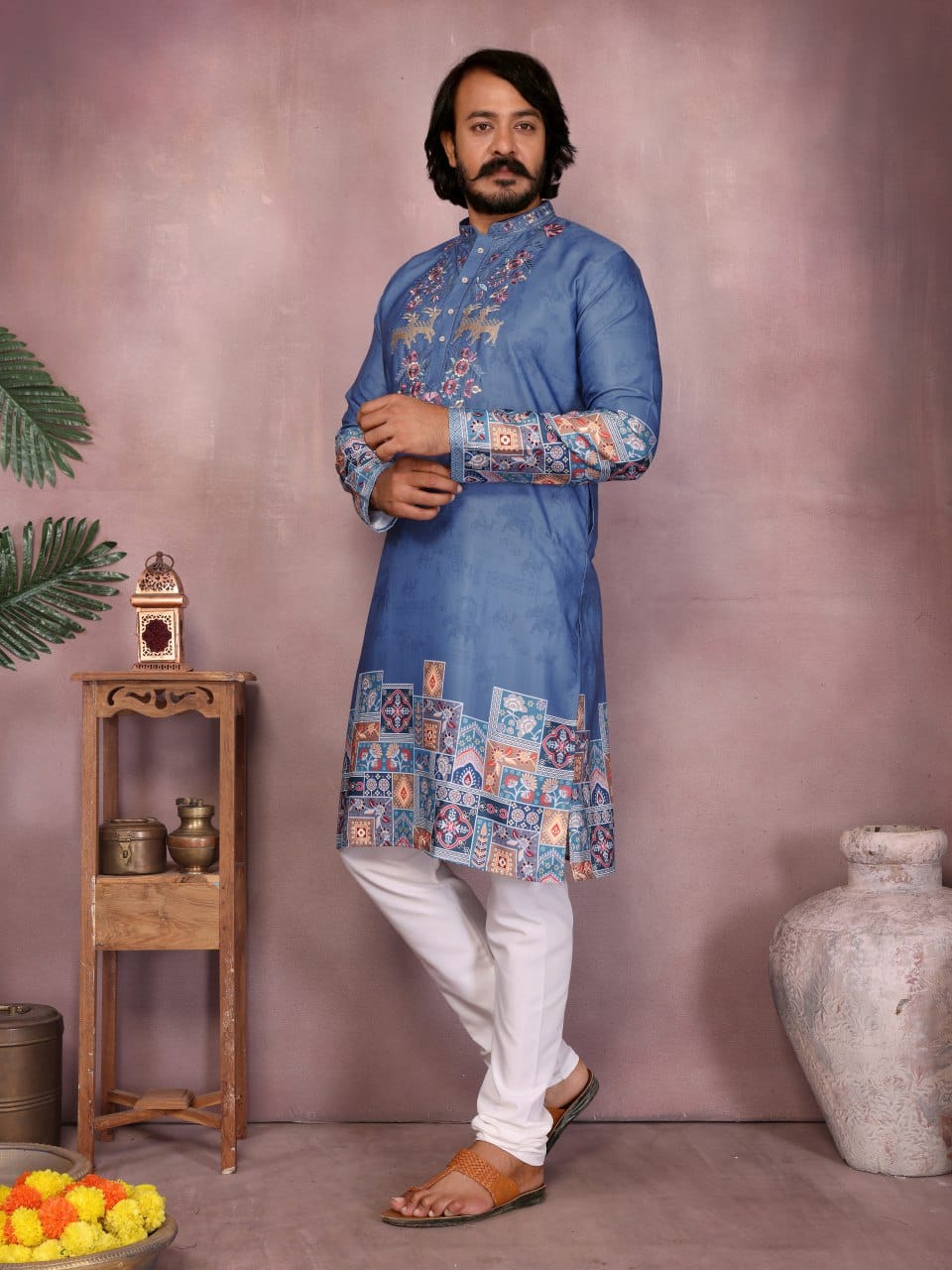 Cerulean Mosaic –   Embroidered & Printed Kurta for Men