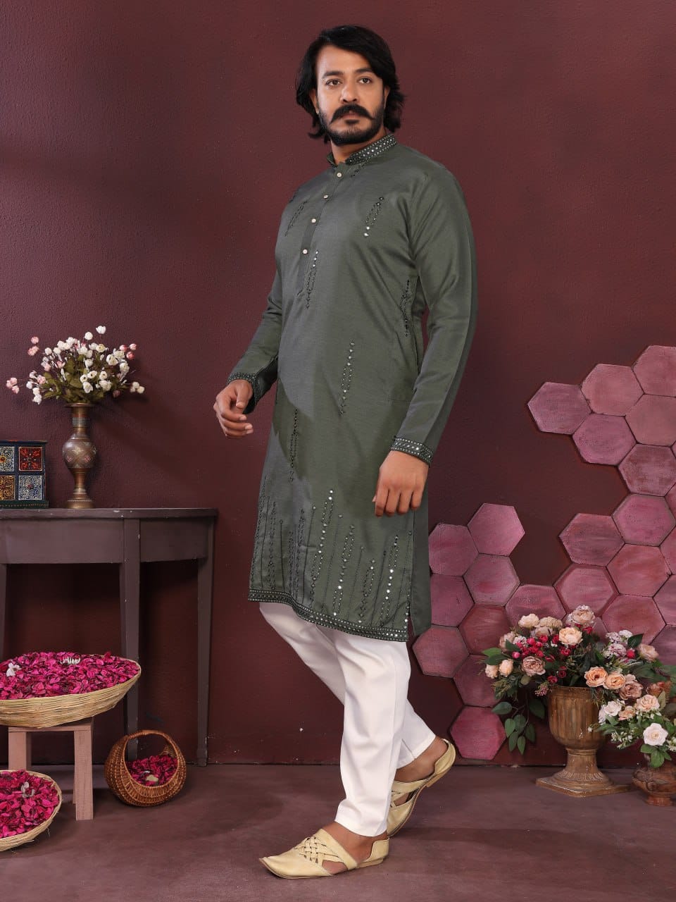 mehndi Handcrafted Mirror Work Silk Kurta for Men (Limited Edition)