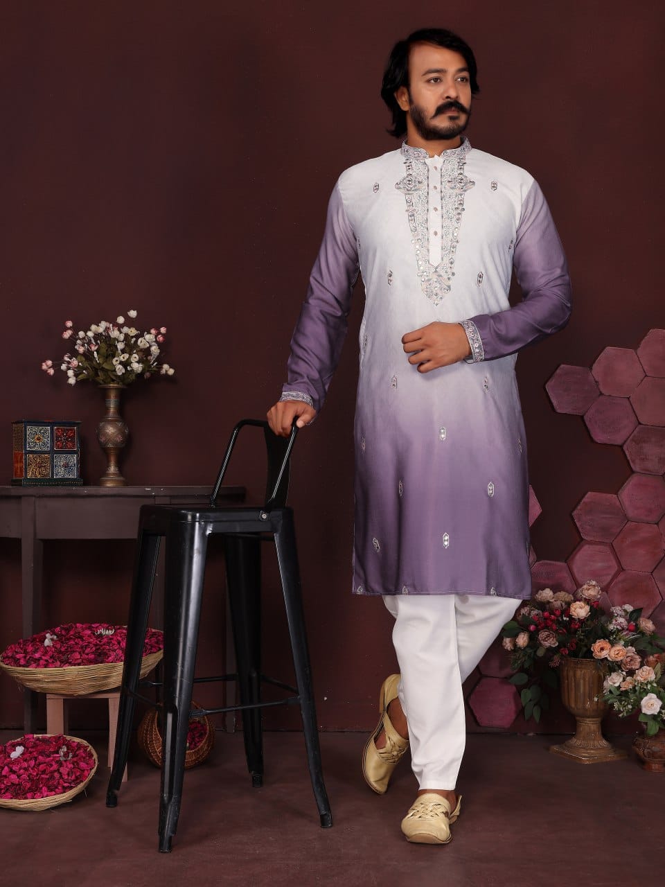 volkano violet Embroidered Silk Kurta for Men