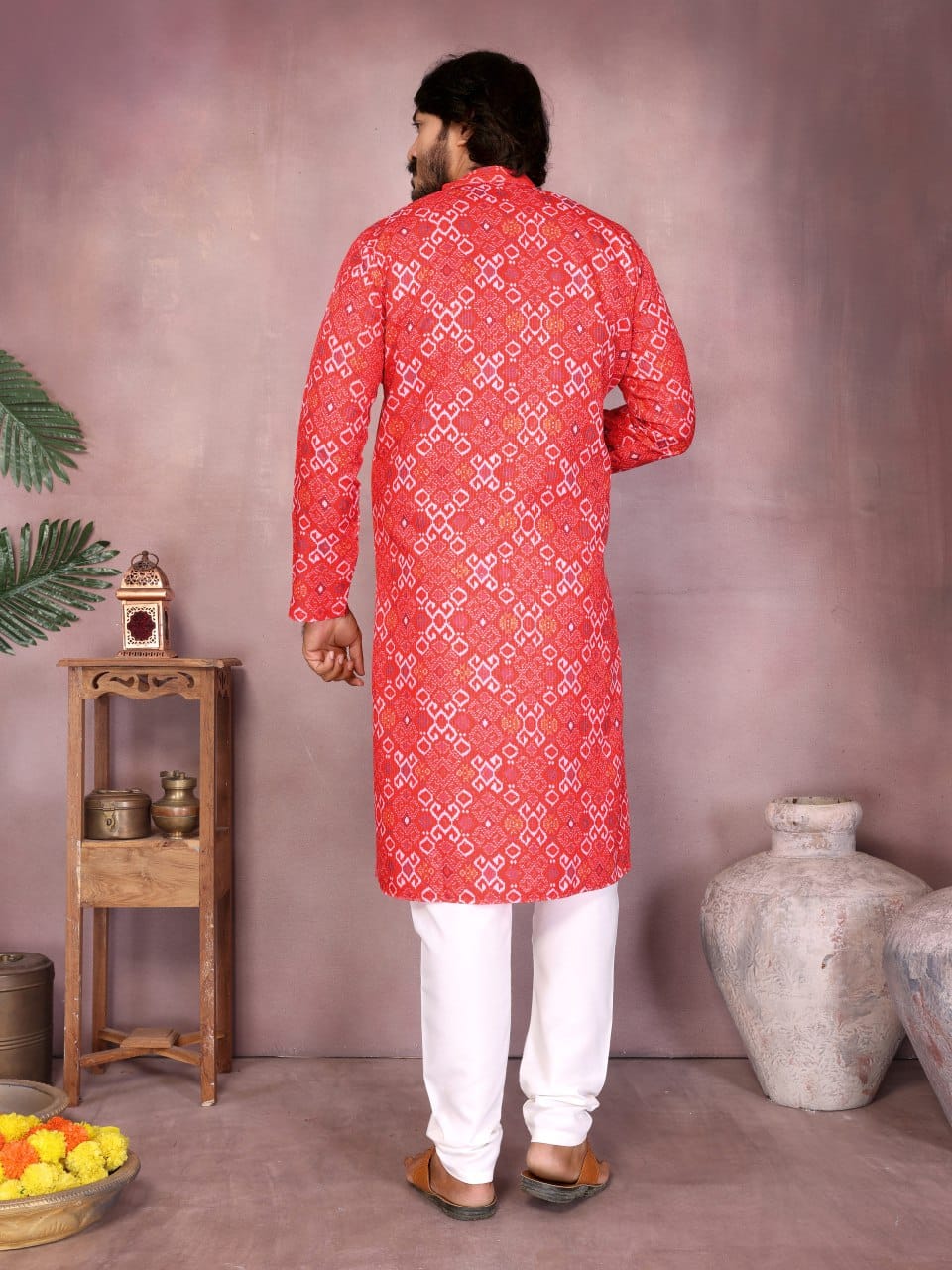 Red Bandhani Print Kurta for Men (Polyester)