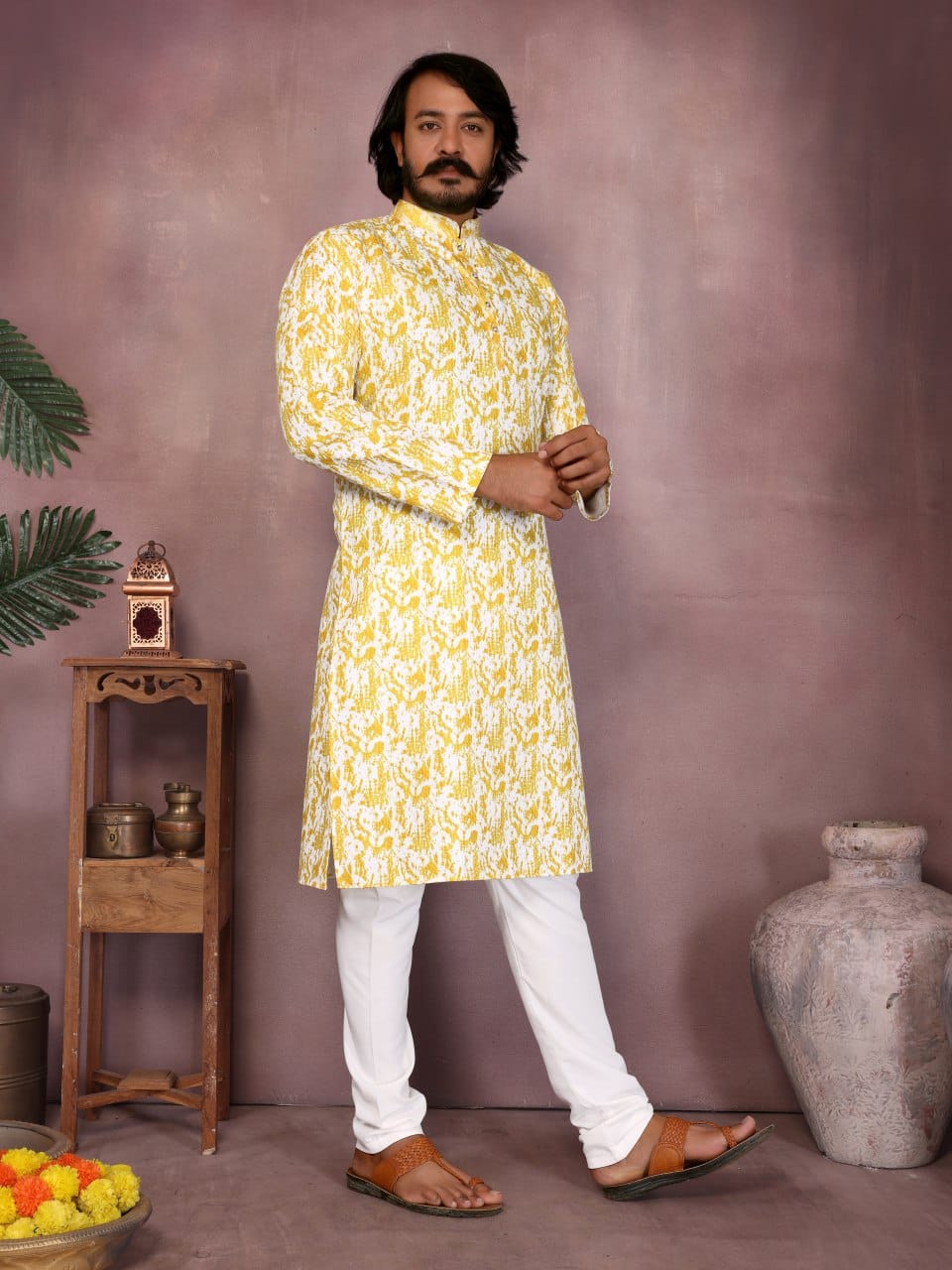 Lemon Yellow Printed Kurta for Men