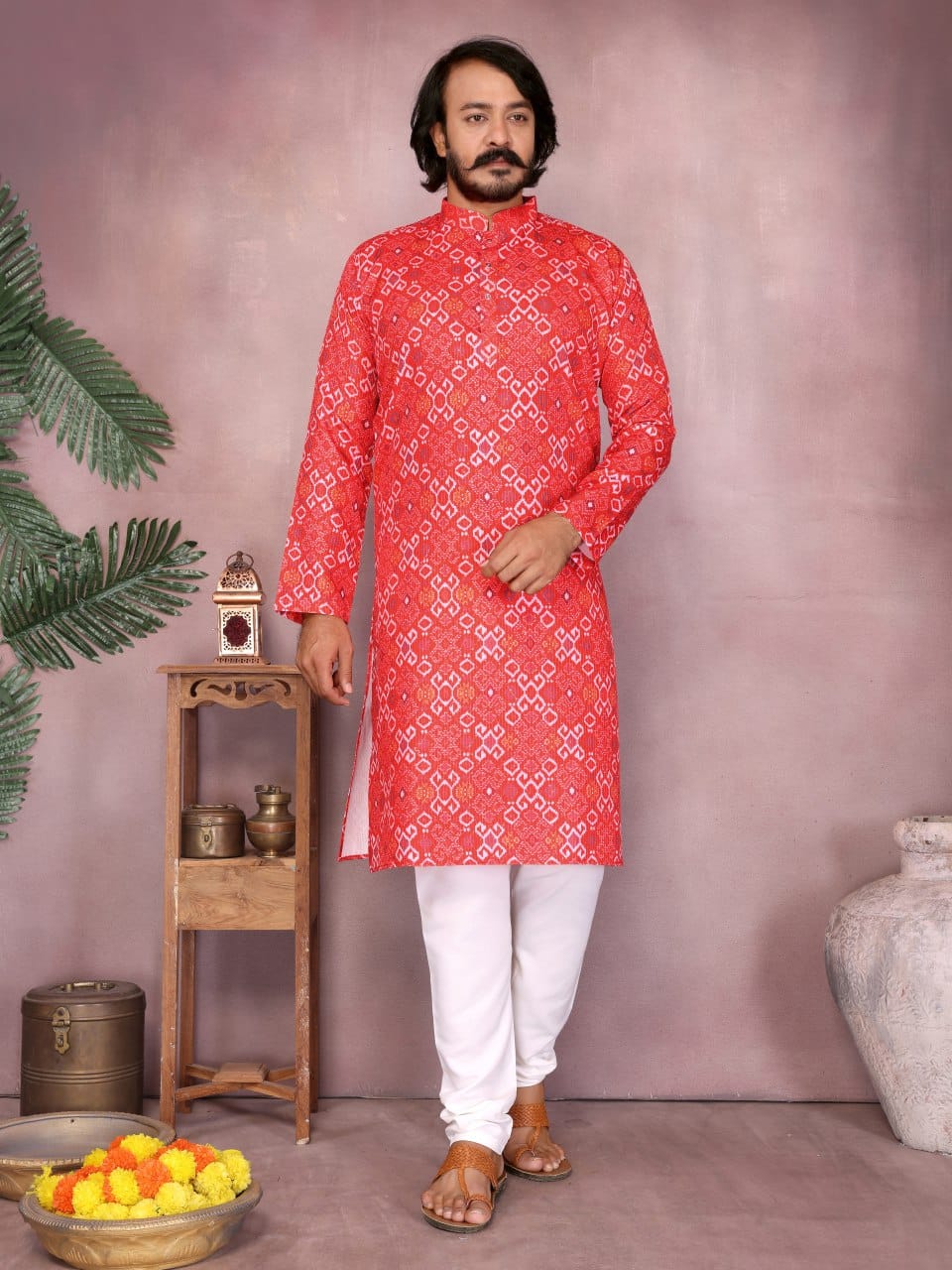 Red Bandhani Print Kurta for Men (Polyester)