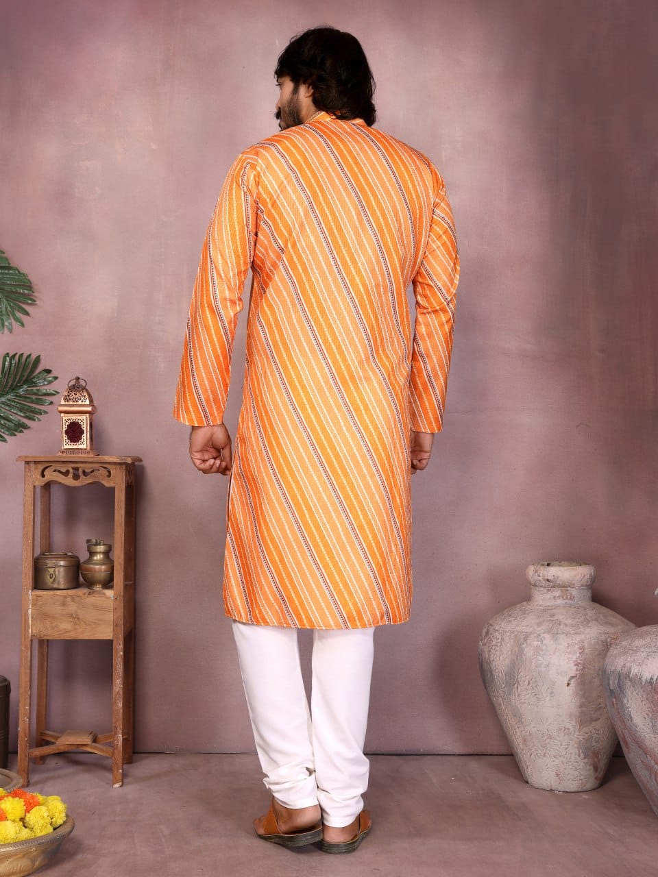 Sunset Orange crochet & printed Striped Kurta for Men