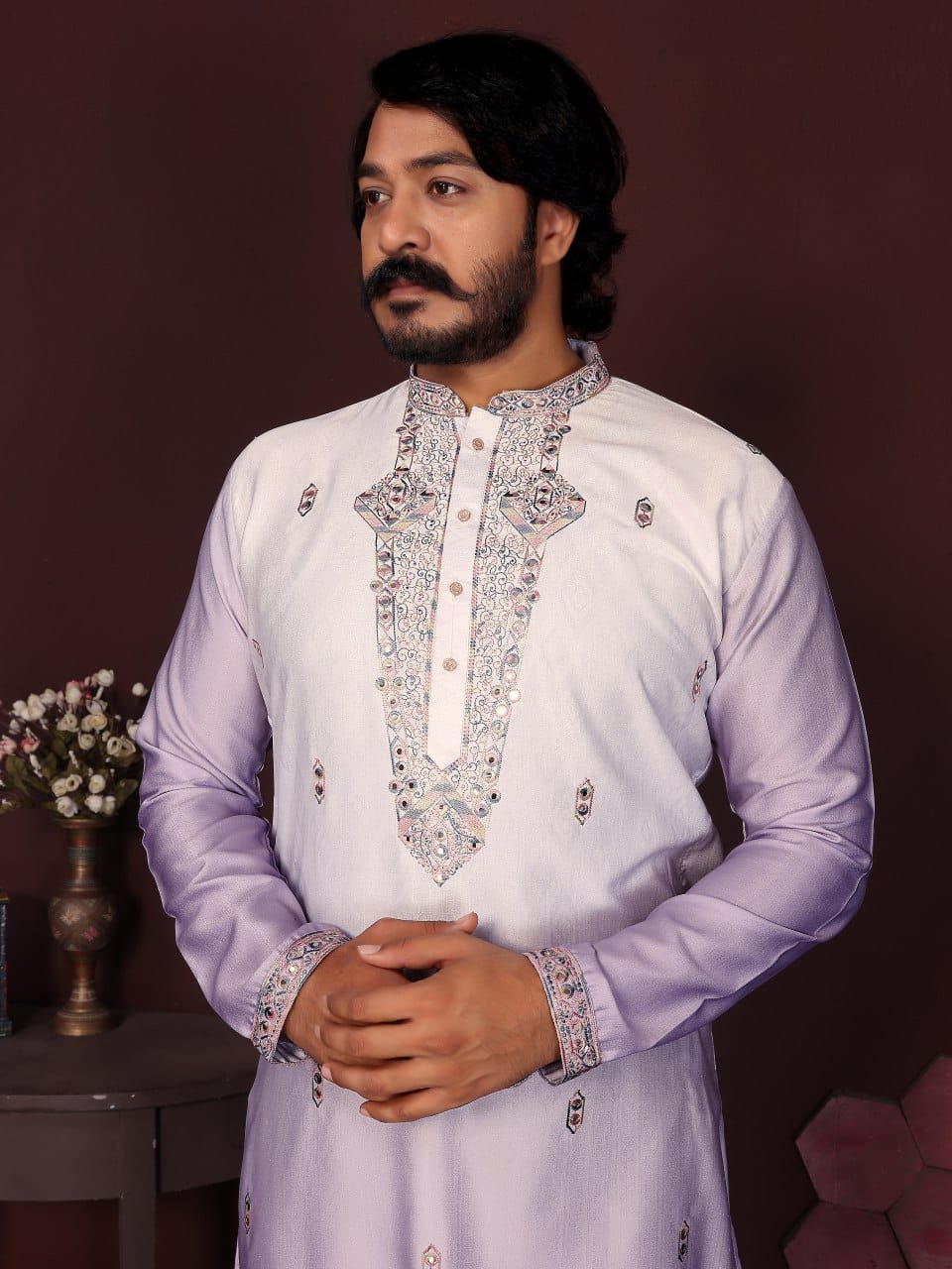 light lavender  Embroidered Silk Kurta for Men