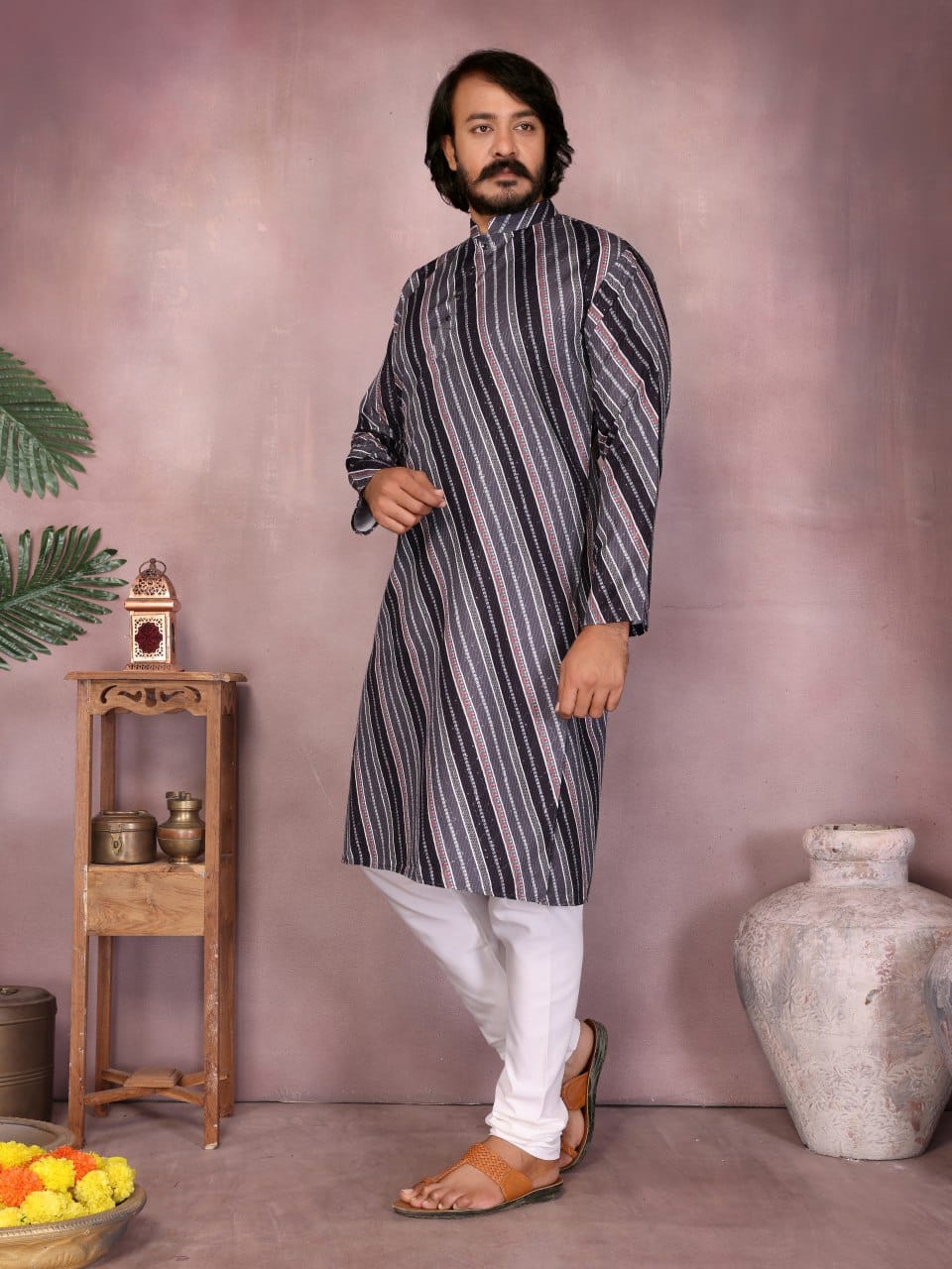 midnight grey crochet & printed Striped Kurta for Men