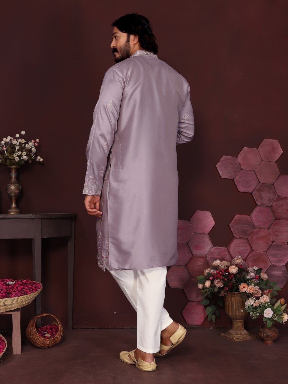 lavender Embroidered Silk Kurta for Men