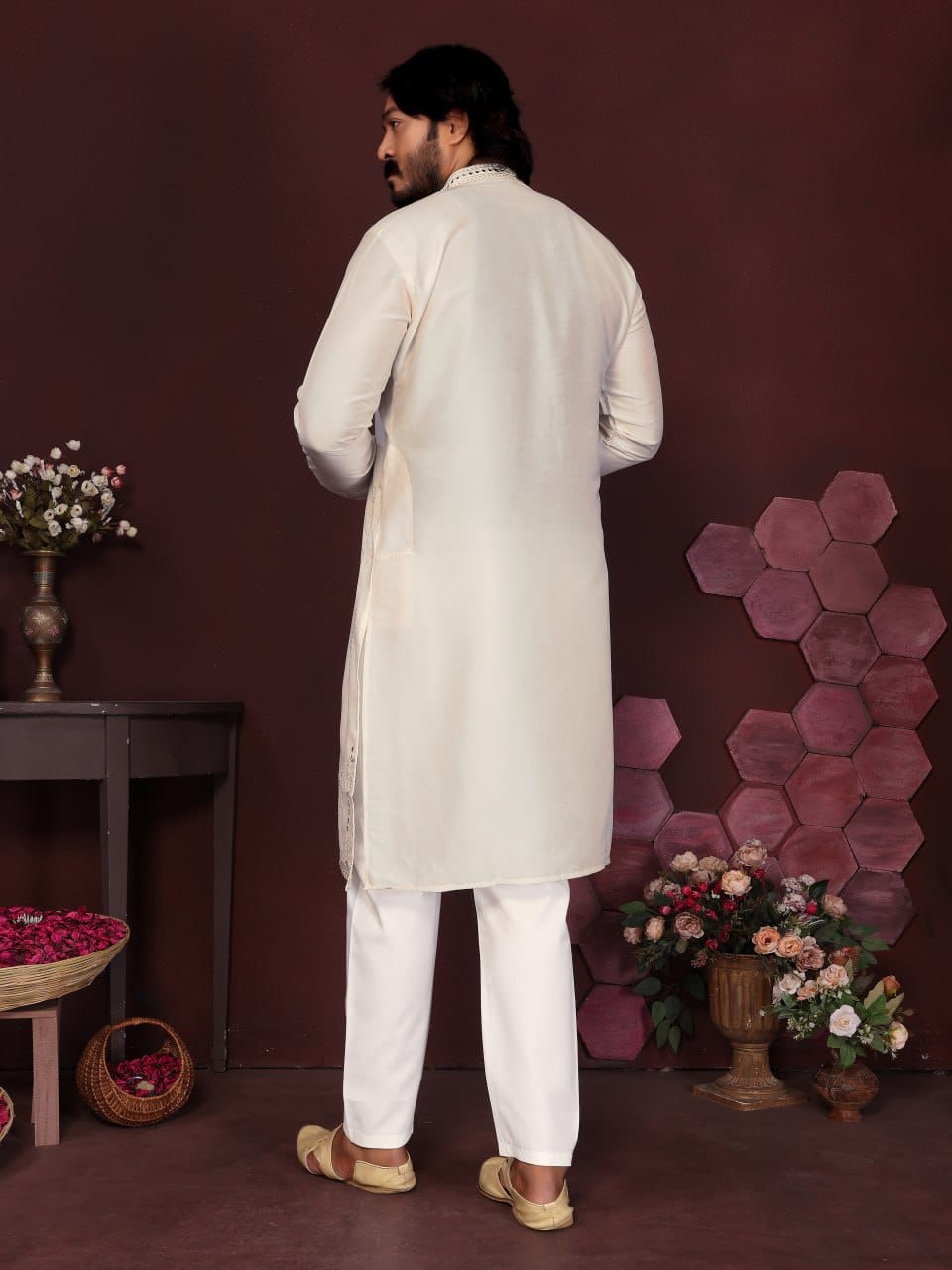 off white ivory Handcrafted Mirror Work Silk Kurta for Men (Limited Edition)