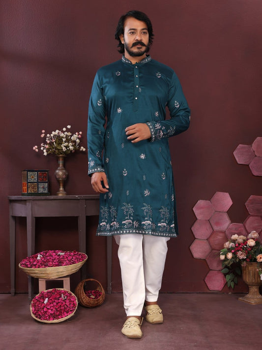 teal blue Embroidered Silk Kurta for Men