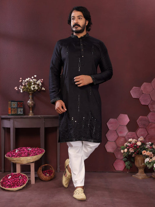 Black Handcrafted Mirror Work Silk Kurta for Men (Limited Edition)