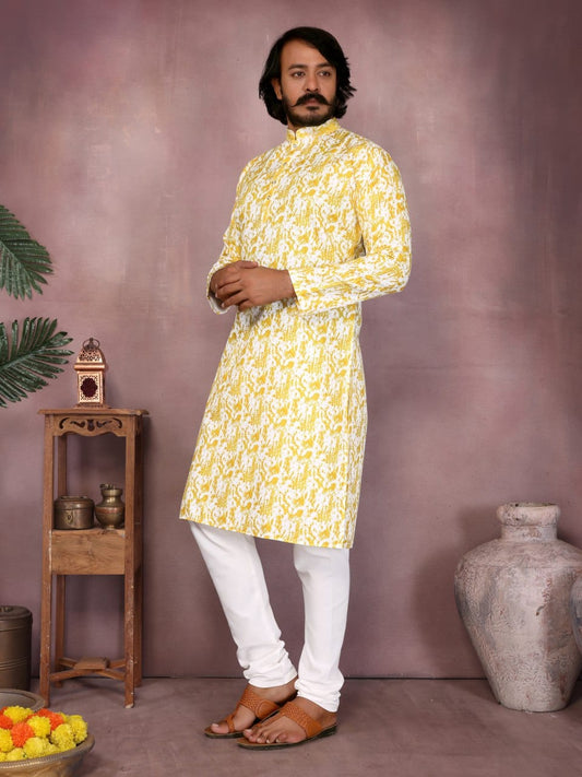 Lemon Yellow Printed Kurta for Men