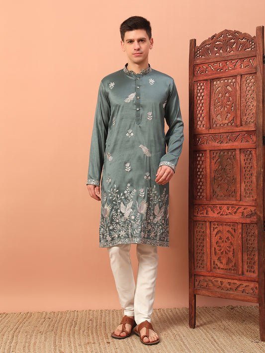 dusty mint green– Embroidered Kurta with Bird Motif for Men