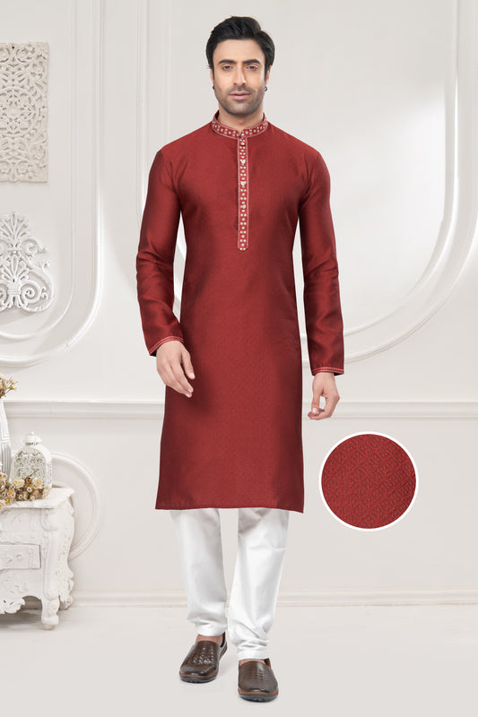 Regal Crimson Jacquard Kurta – For the Modern Maharaja