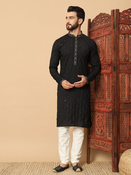 Noir Majesty – Black Embroidered Kurta for Men