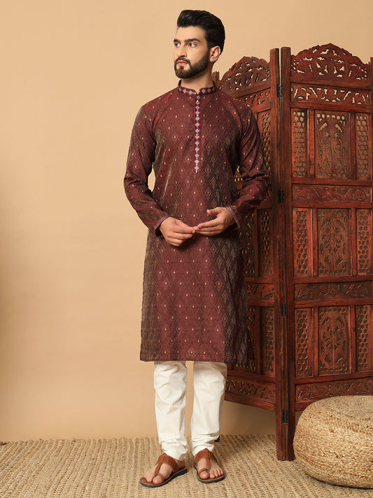 Maroon Jacquard Kurta with Contrast Lace Detailing