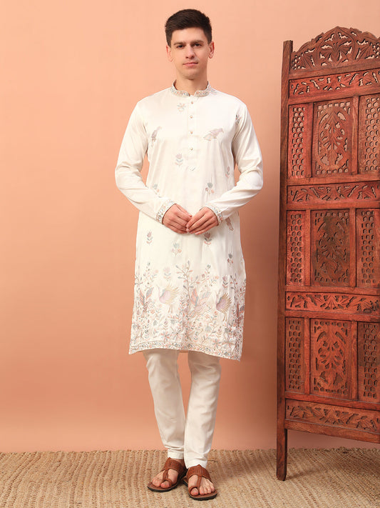 Ivory Grace – Embroidered Kurta with Bird Motif for Men