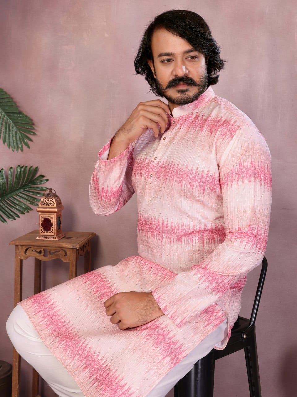 Blush Pink Ikat crochet Printed Kurta for Men