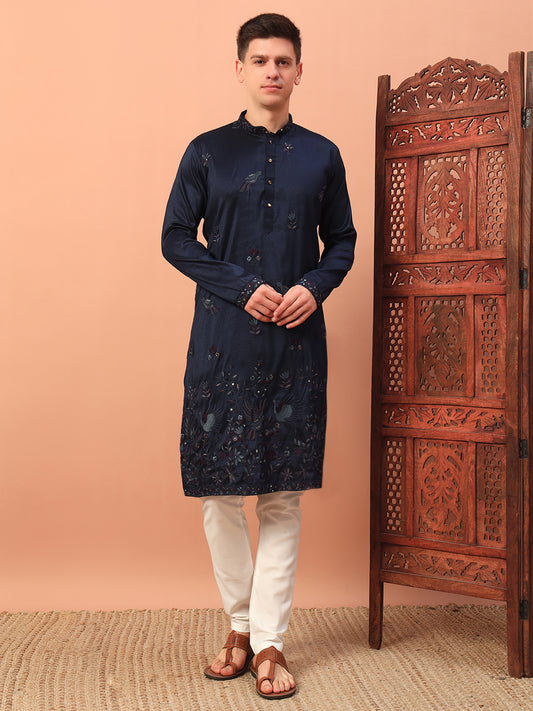 N blue – Embroidered Kurta with Bird Motif for Men