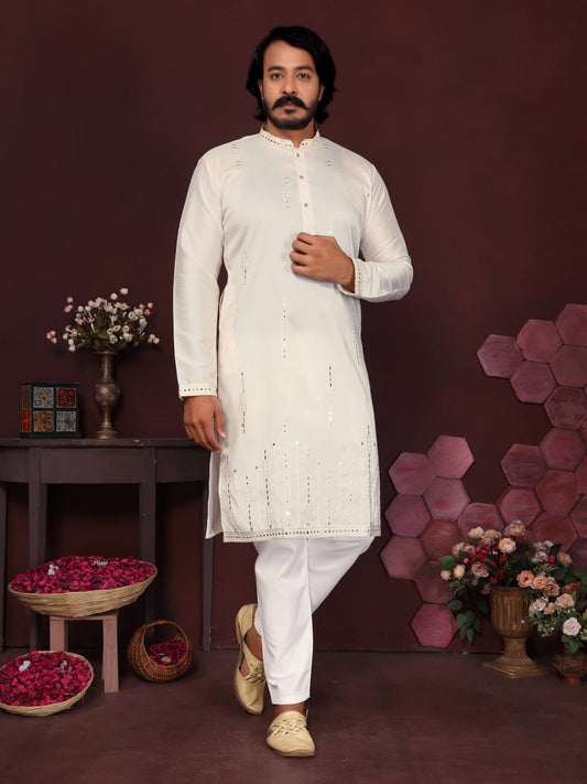 off white ivory Handcrafted Mirror Work Silk Kurta for Men (Limited Edition)