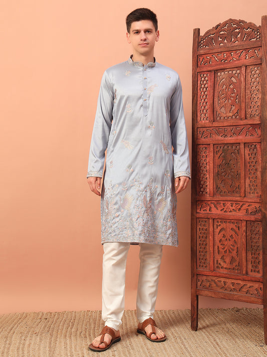 powder blue harmony  – Embroidered Kurta with Bird Motif for Men