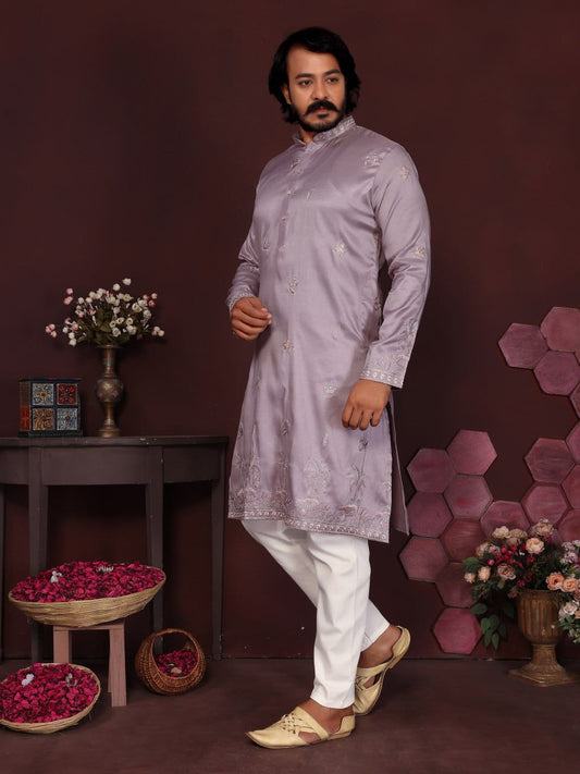 lavender Embroidered Silk Kurta for Men