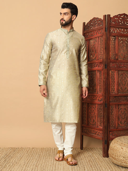 tinted lamon  Dual Weft Jacquard Kurta with Contrast Lace Detailing
