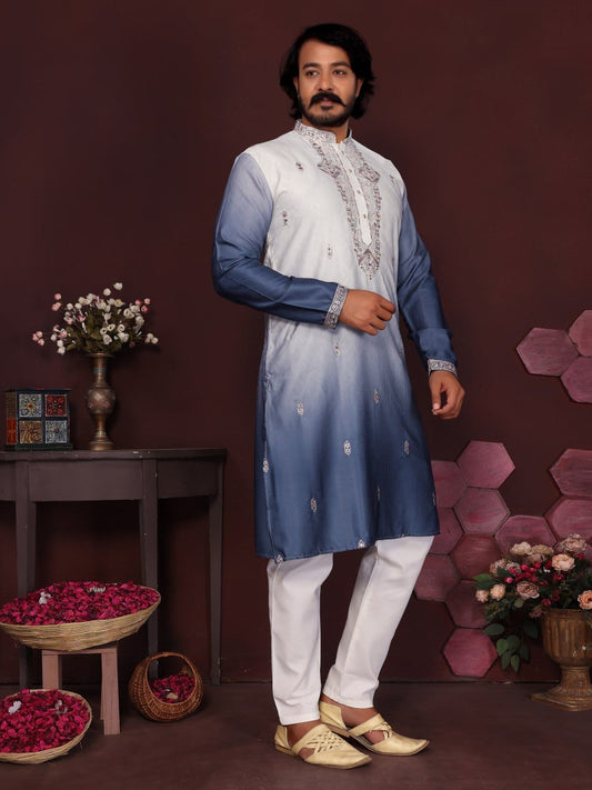 Blue Ombre Embroidered Silk Kurta for Men