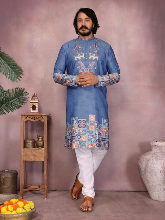 Cerulean Mosaic –   Embroidered & Printed Kurta for Men