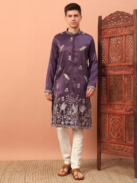 plum royale– Embroidered Kurta with Bird Motif for Men