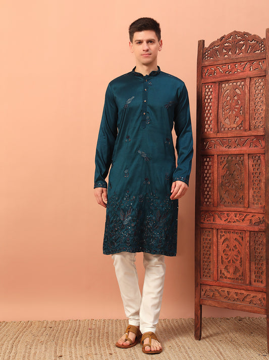 dark teal – Embroidered Kurta with Bird Motif for Men