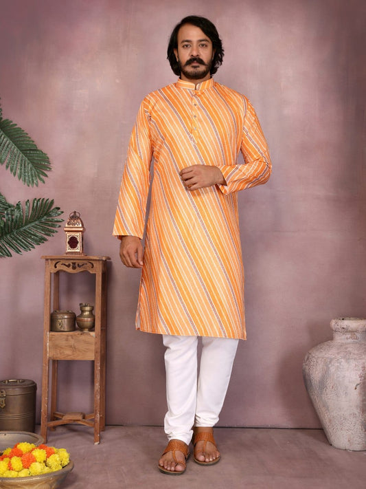 Sunset Orange crochet & printed Striped Kurta for Men