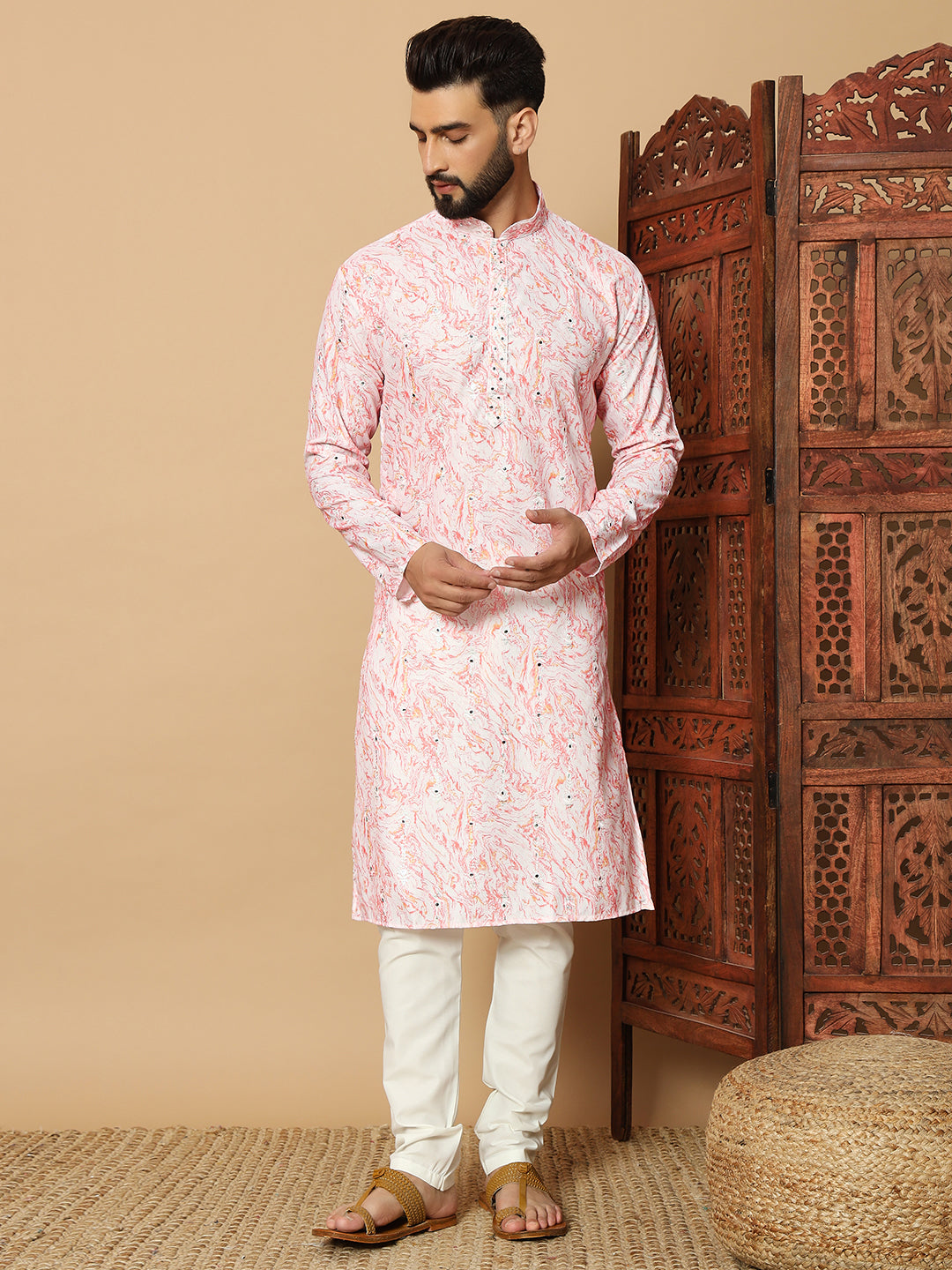 rose pink  Print Kurta with Mirror Work for Men