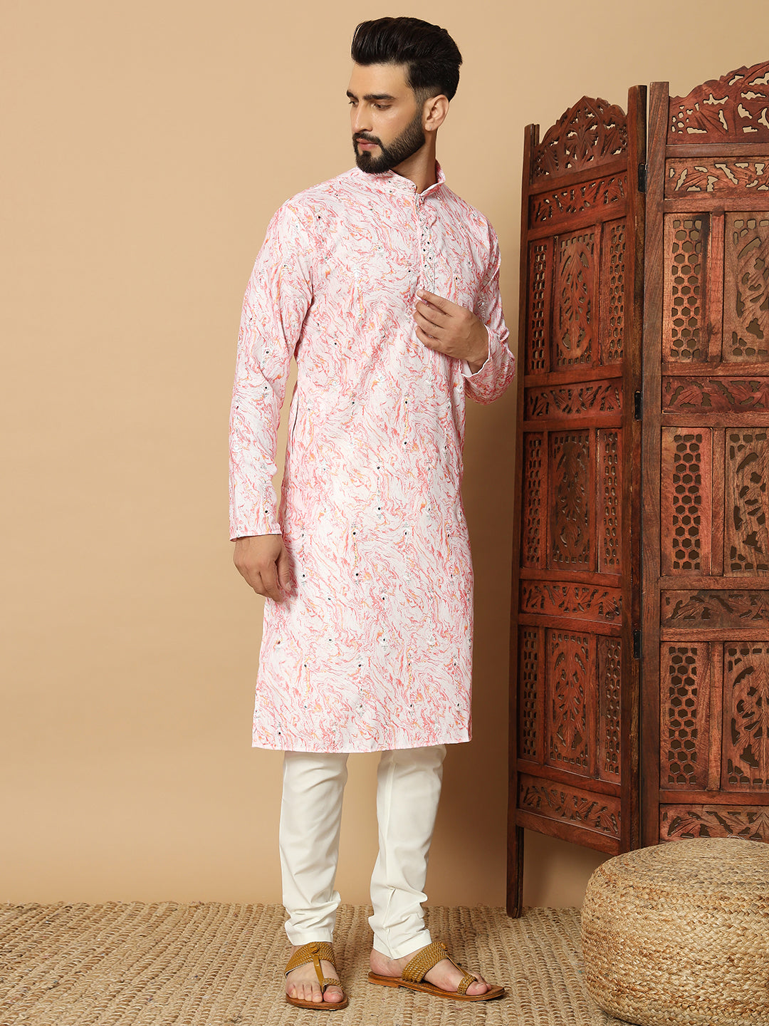 rose pink  Print Kurta with Mirror Work for Men