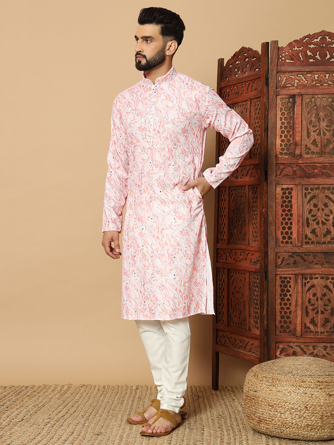 rose pink  Print Kurta with Mirror Work for Men