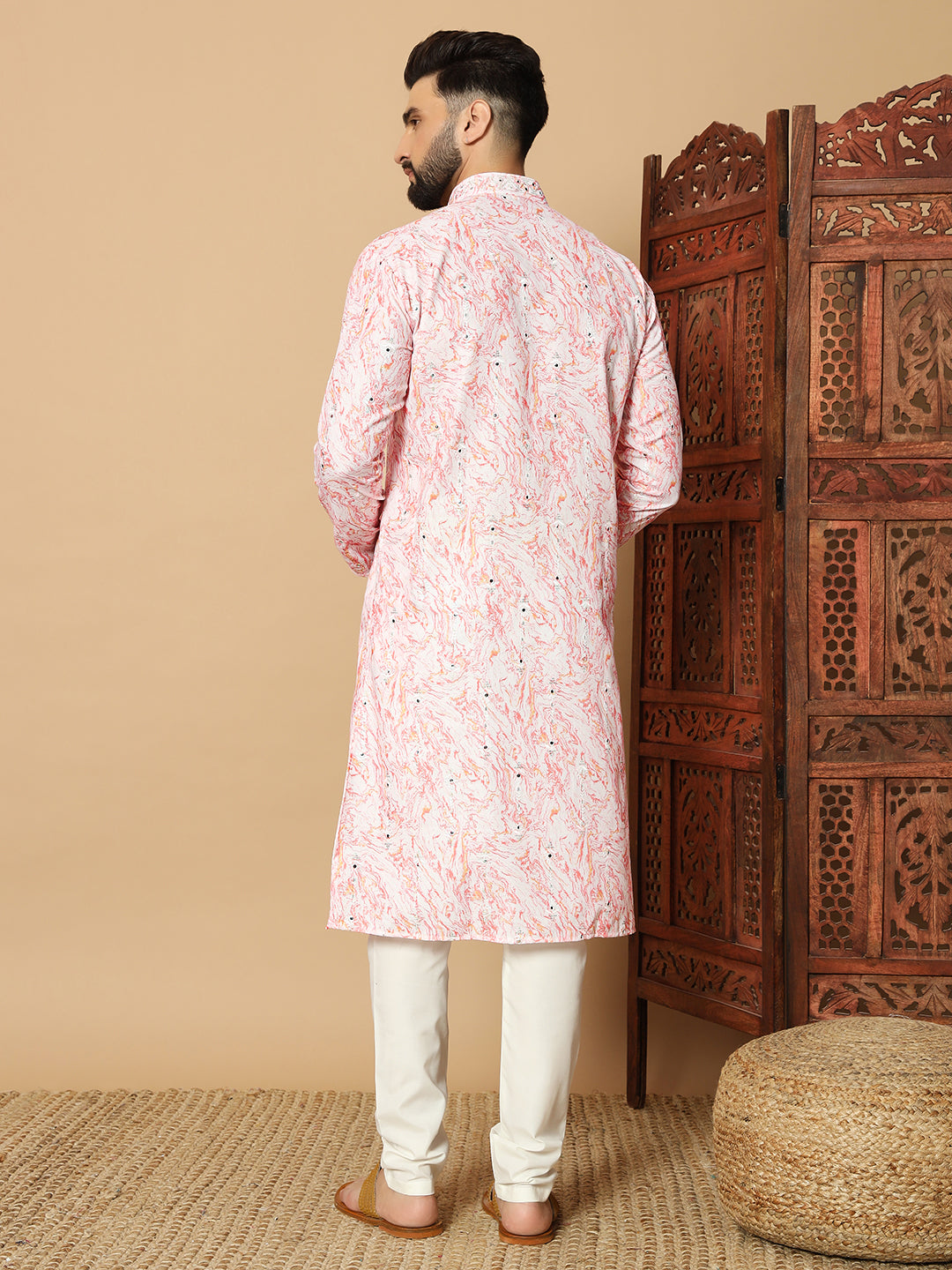 rose pink  Print Kurta with Mirror Work for Men