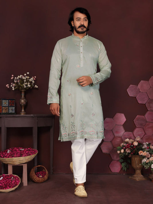 sage green(light pista) Embroidered Silk Kurta for Men