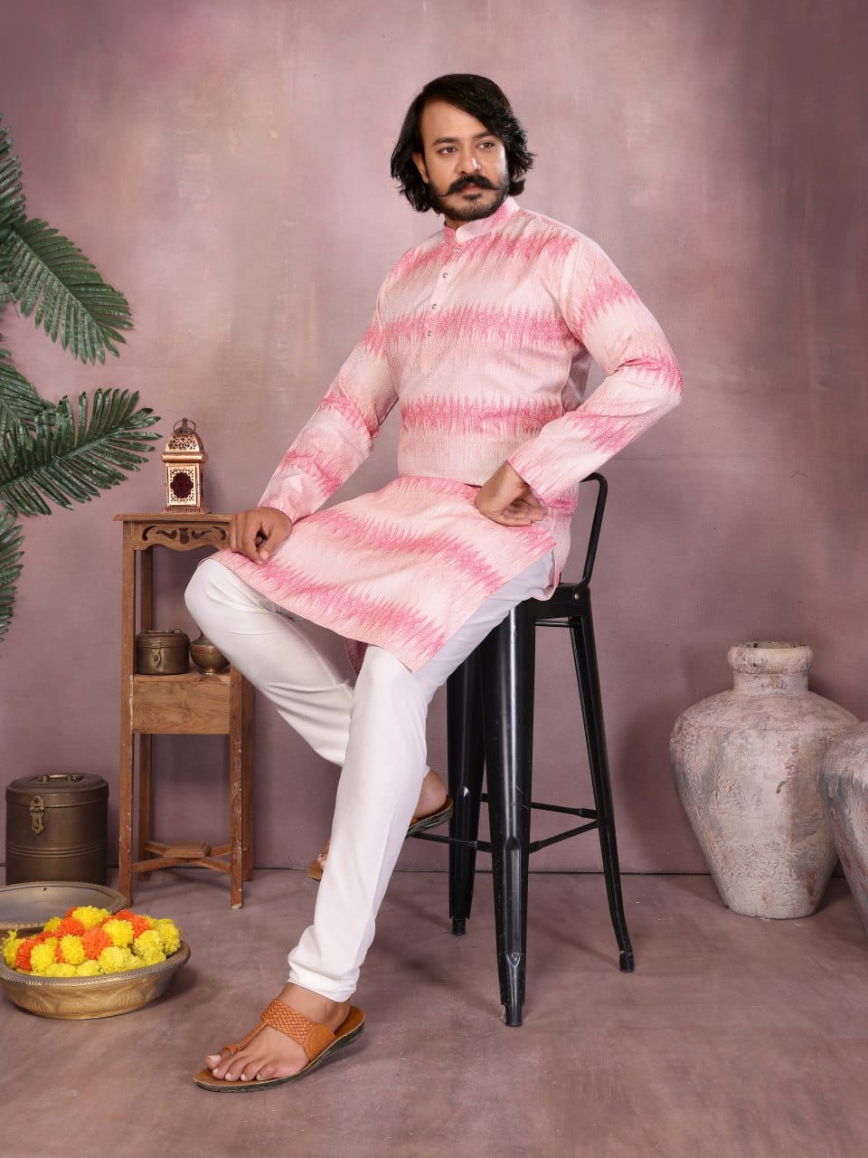 Blush Pink Ikat crochet Printed Kurta for Men