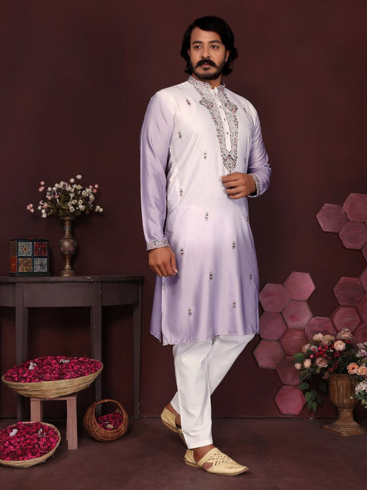 light lavender  Embroidered Silk Kurta for Men