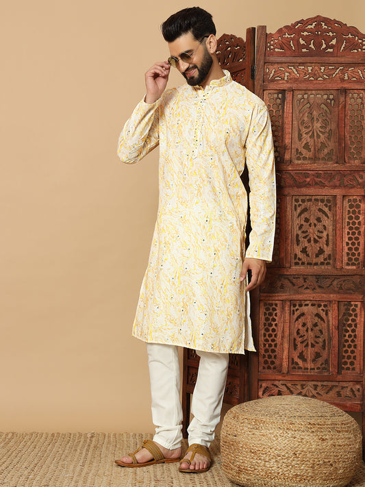 Yellow Flora Print Kurta with Mirror Work for Men