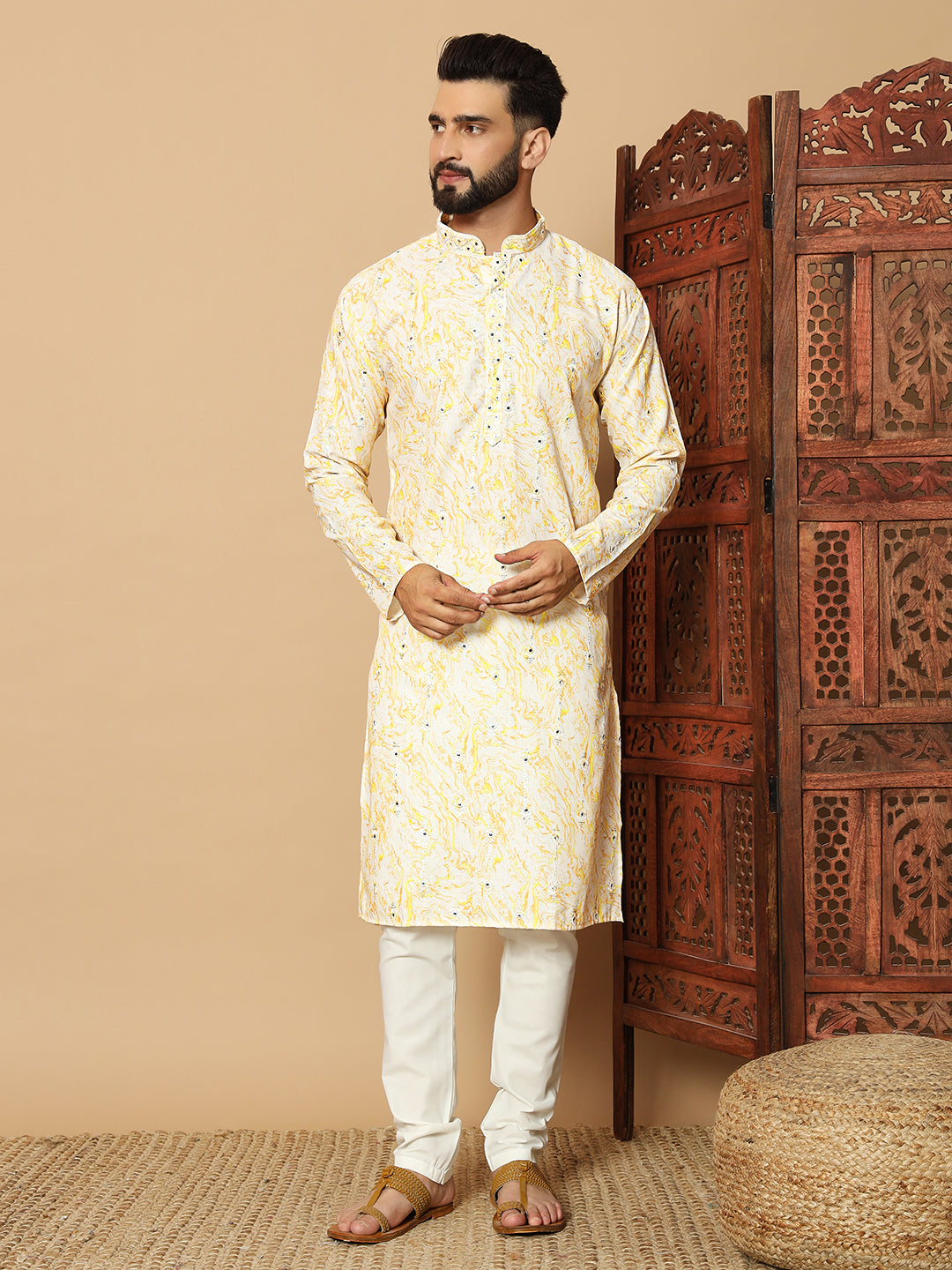 Yellow Flora Print Kurta with Mirror Work for Men